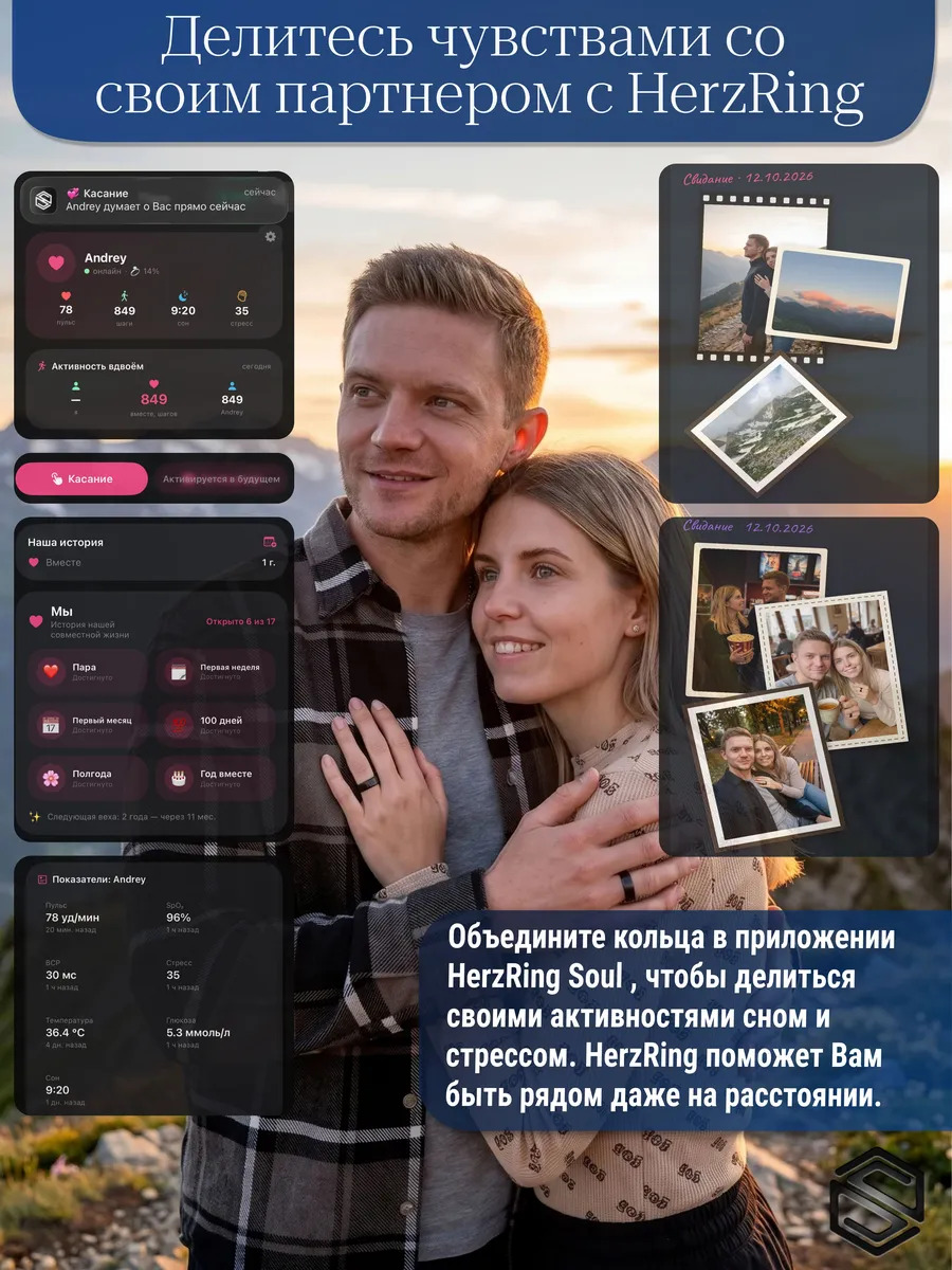 Умное кольцо с ИИ, экраном & вибрацией HerzRing Vision RW2+ обсидиан (неоновый экран)