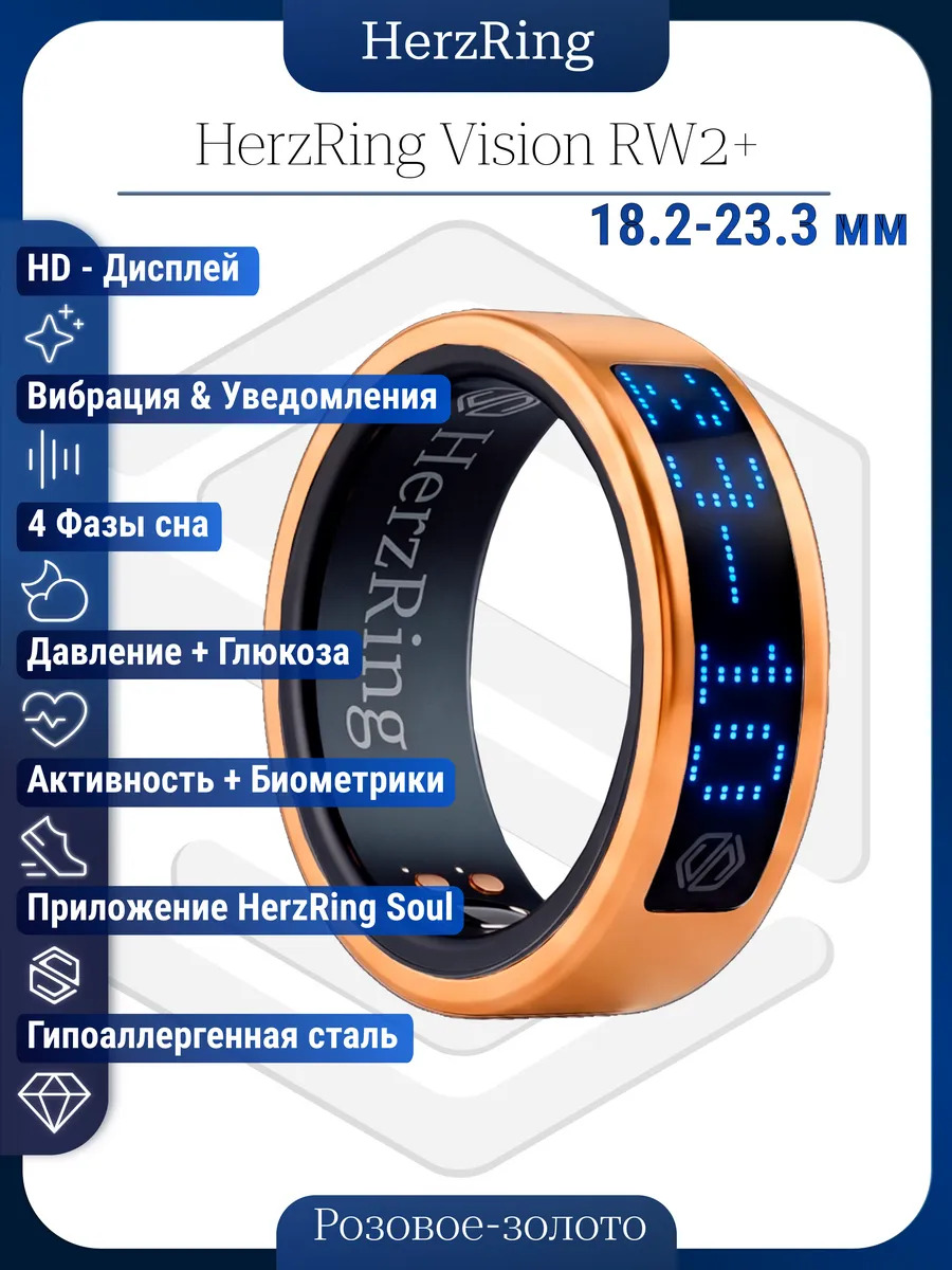 Умное кольцо с ИИ, экраном & вибрацией HerzRing Vision RW2+ розовое-золото (неоновый экран)