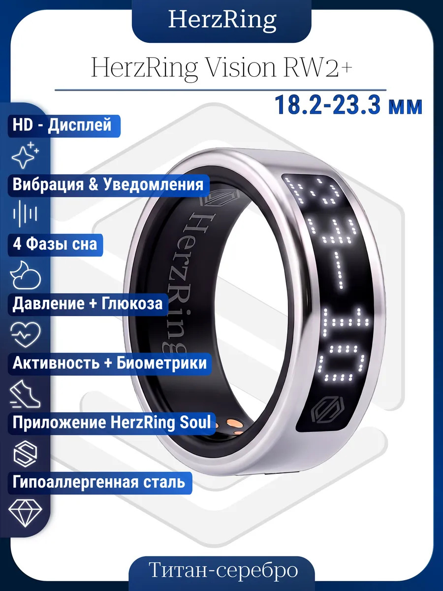 Умное кольцо с ИИ, экраном & вибрацией HerzRing Vision RW2+ титан-серебро (белый экран)
