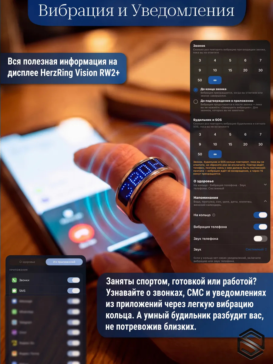 Умное кольцо с ИИ, экраном & вибрацией HerzRing Vision RW2+ титан-серебро (белый экран)