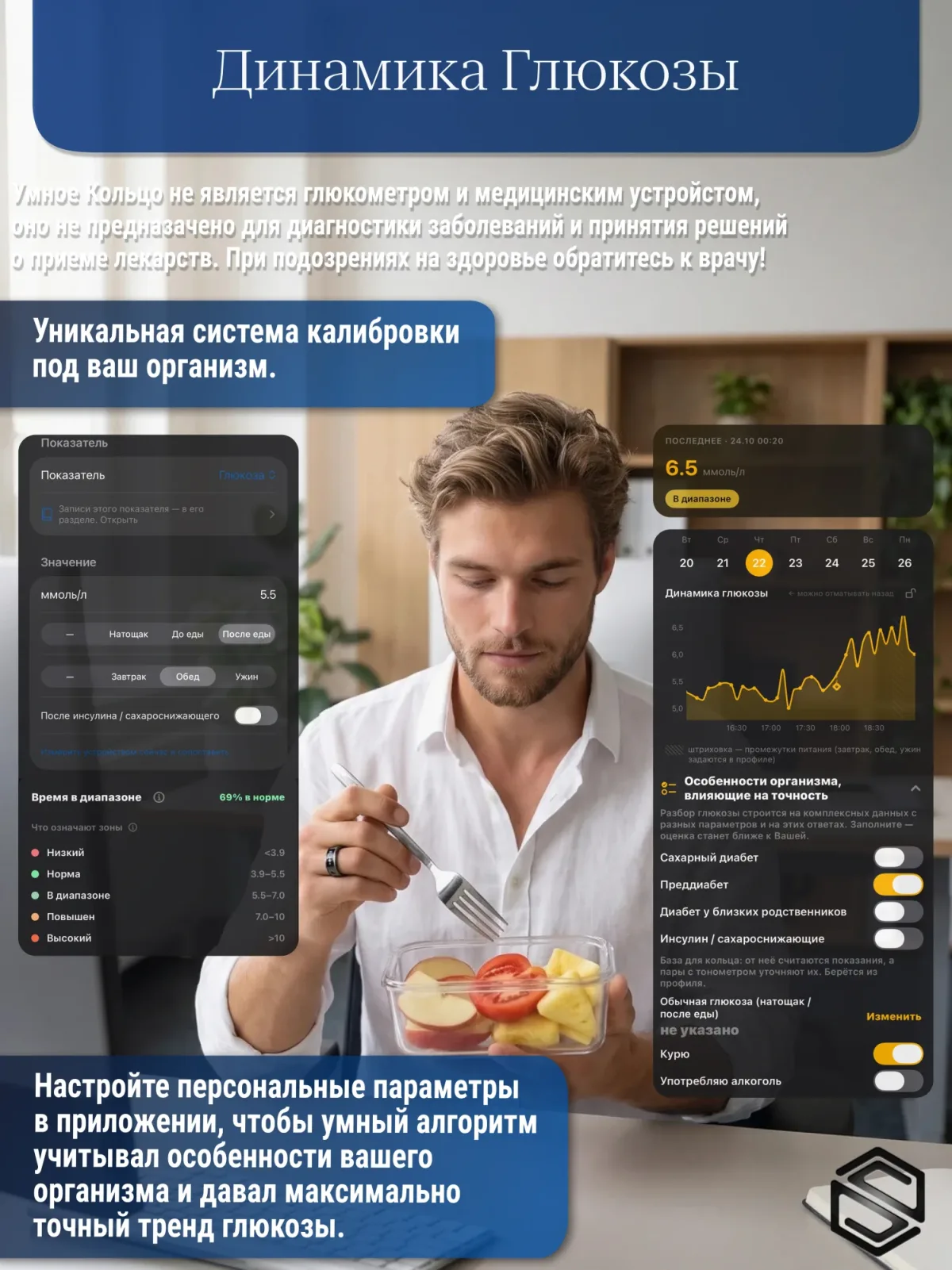 Тонкое умное кольцо в нанокерамическом корпусе с ИИ, Вибрацией, Управлением, Сахаром & Чувствами HerzRing Sense VX+