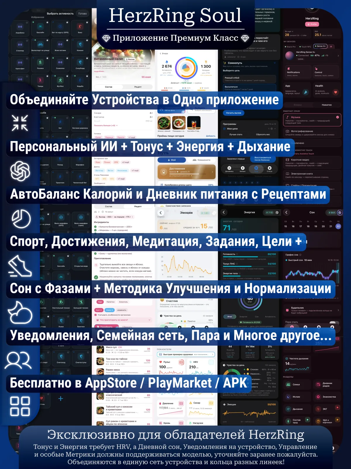 Тонкое умное кольцо с Глюкозой, Вибрацией & Чувствами HerzRing Sense GX мерцающий кремень