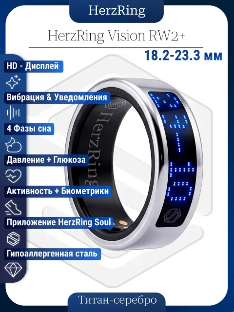 Умное кольцо с ИИ, экраном & вибрацией HerzRing Vision RW2+ титан-серебро (неоновый экран)