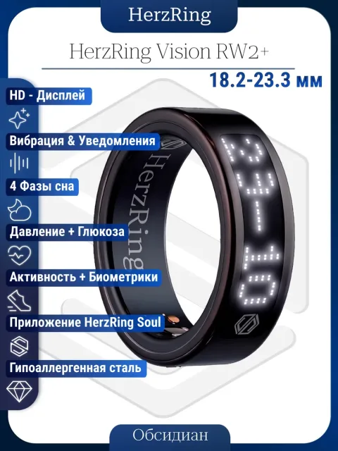 Умное кольцо с ИИ, экраном & вибрацией HerzRing Vision RW2+ обсидиан (белый экран)