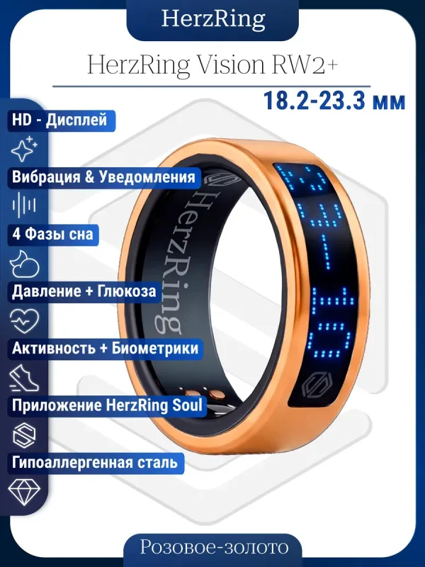 Умное кольцо с ИИ, экраном & вибрацией HerzRing Vision RW2+ розовое-золото (неоновый экран)