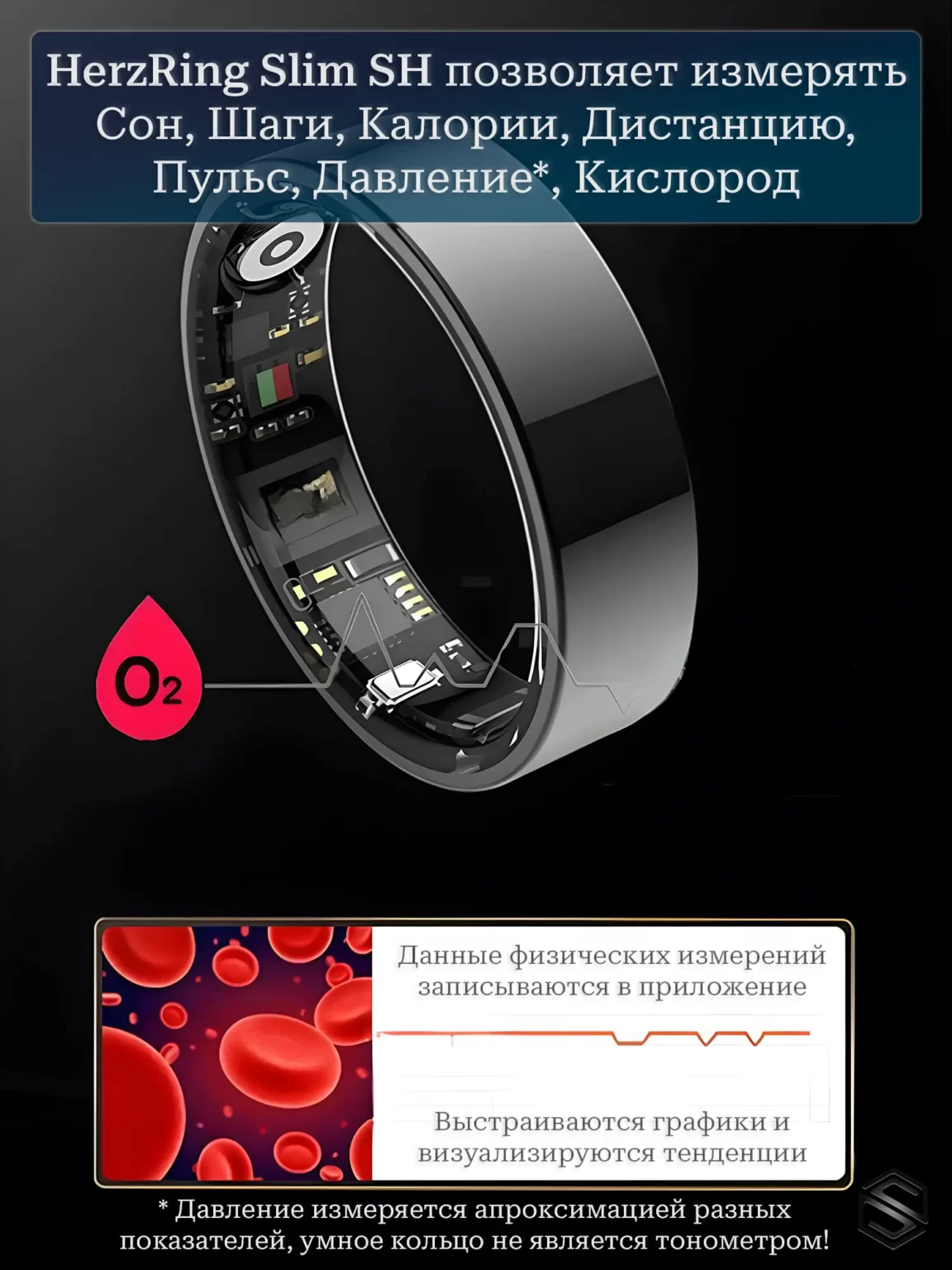 Тонкое Умное кольцо HerzRing Slim SH Обсидиан